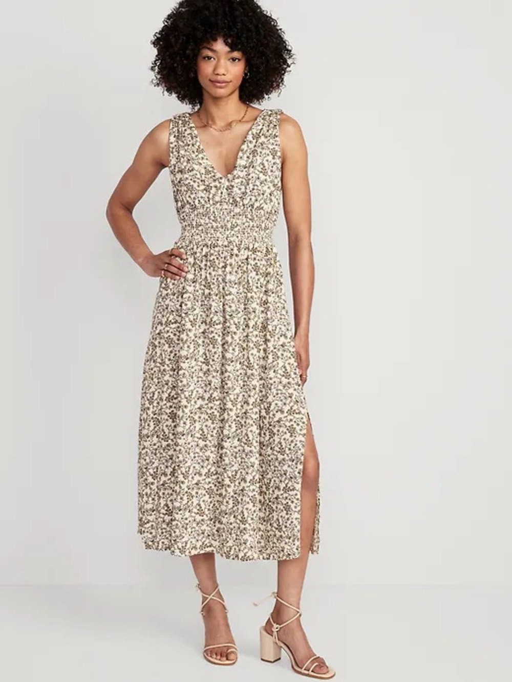 Old Navy Floral Smocked Empire Waist Midi Dress Ivory Brown Gray Size L